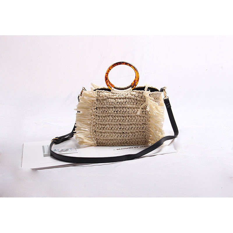 Women's Straw Solid Color Vacation Tassel Weave Square Zipper Shoulder Bag