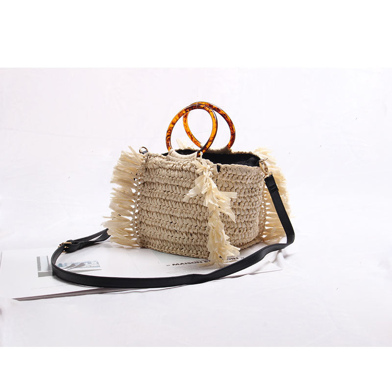 Women's Straw Solid Color Vacation Tassel Weave Square Zipper Shoulder Bag