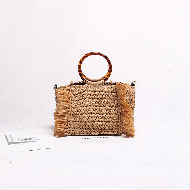 Women's Straw Solid Color Vacation Tassel Weave Square Zipper Shoulder Bag