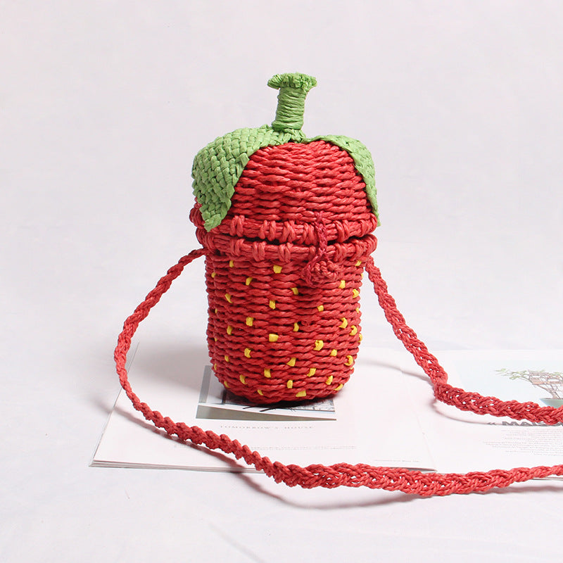 Women's Small Straw Strawberry Cute Weave Cylindrical Flip Cover beach bag