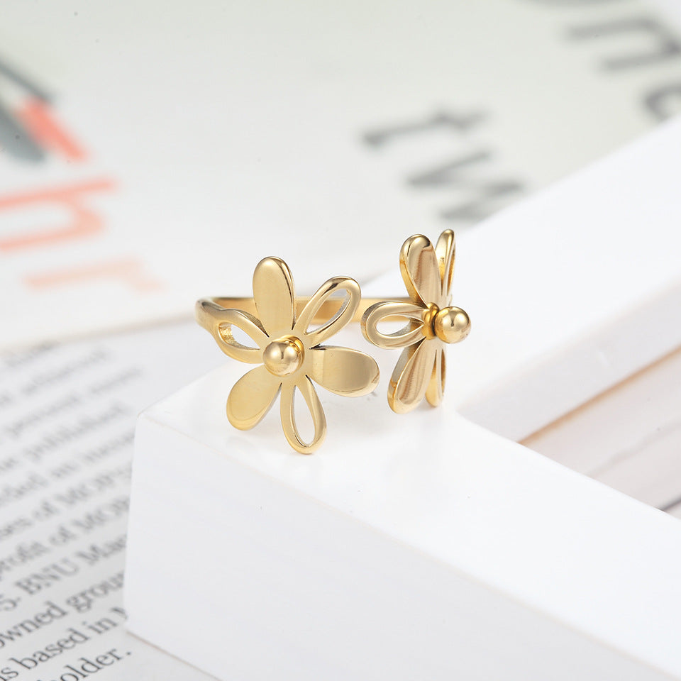 Jewelry Fashion Flower 304 Stainless Steel 18K Gold Plated Plating Open Ring