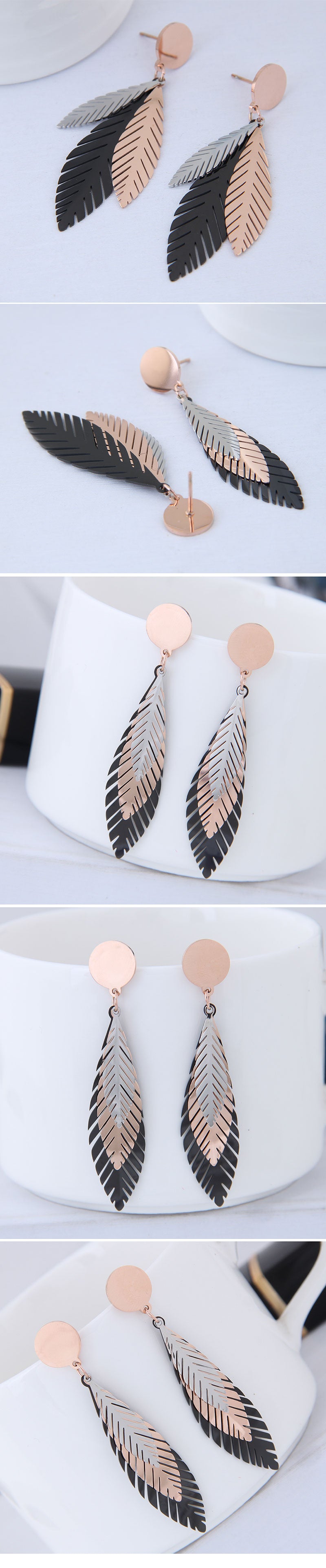 korean fashion t simple titanium steel tricolor tree leaf earrings