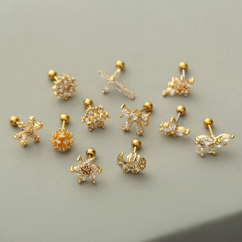 fashion flower copper ear studs inlay zircon copper earrings 1 piece