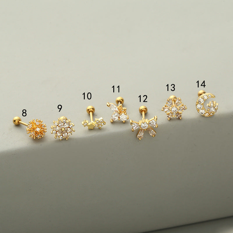 fashion flower copper ear studs inlay zircon copper earrings 1 piece