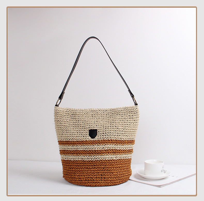 Women's Straw Stripe Vacation Weave Bucket Magnetic Buckle Shoulder Bag