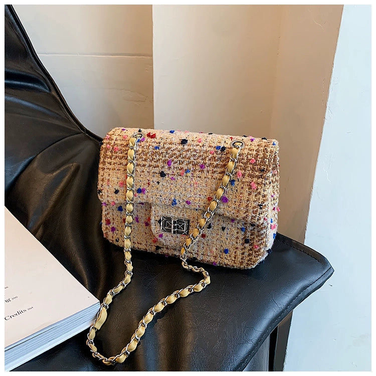 Women's Small cotton and linen Multicolor Streetwear Weave Square Lock clasp Crossbody Bag