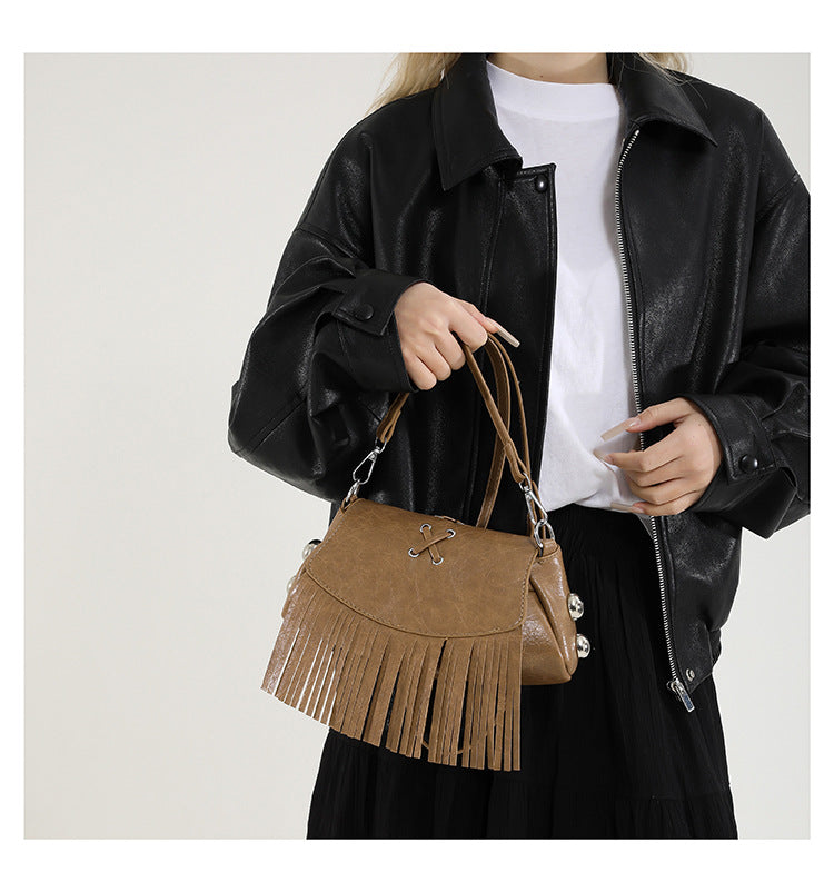 Women's Medium Pu Leather Solid Color Classic Style Tassel Square Magnetic Buckle Flip Cover Crossbody Bag