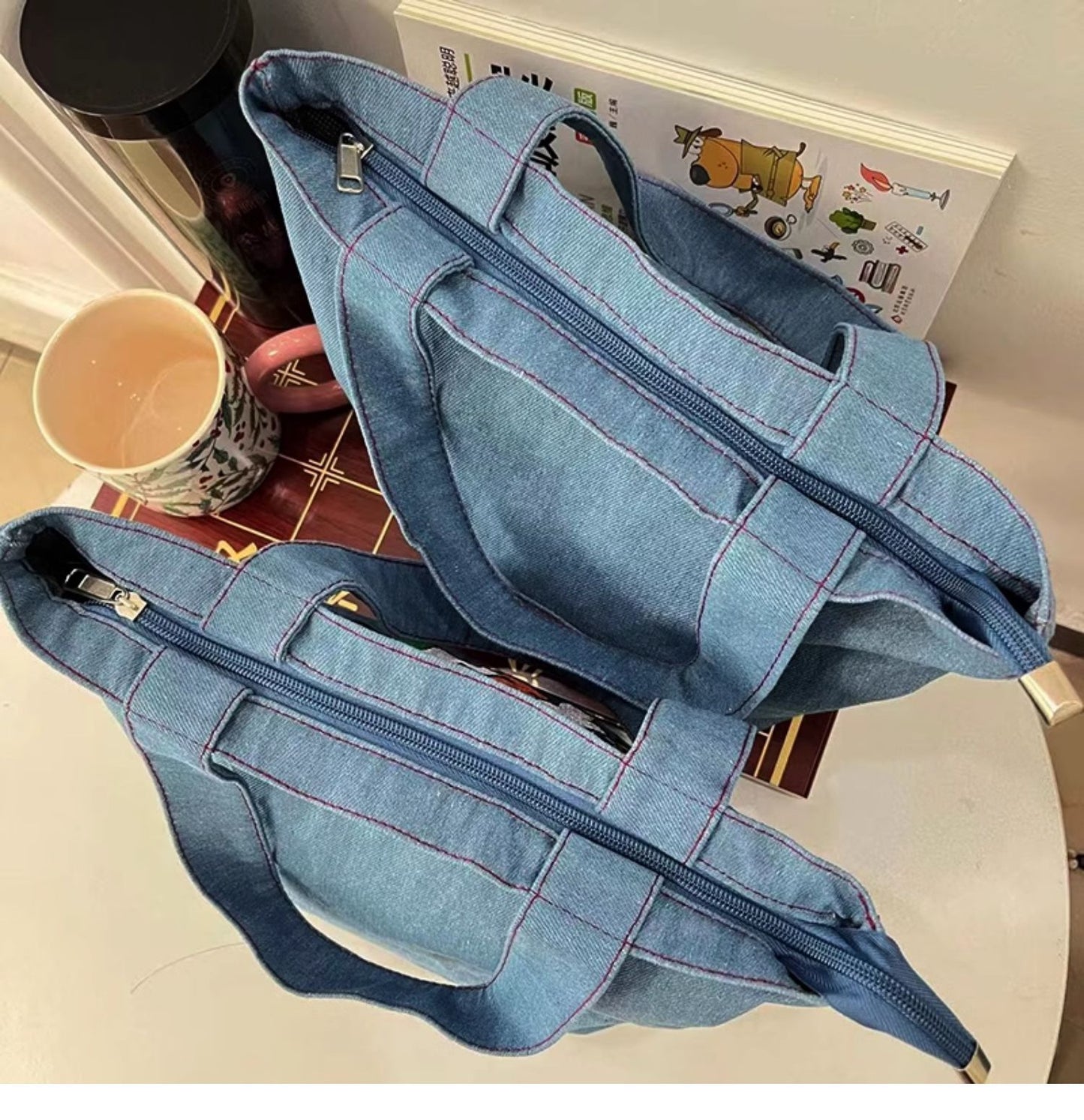 Unisex Denim Animal Letter Elegant Streetwear Square Zipper Shopping bags