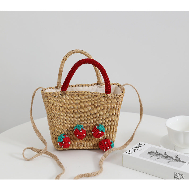 Women's Straw Strawberry Cute Weave Bucket String Crossbody Bag