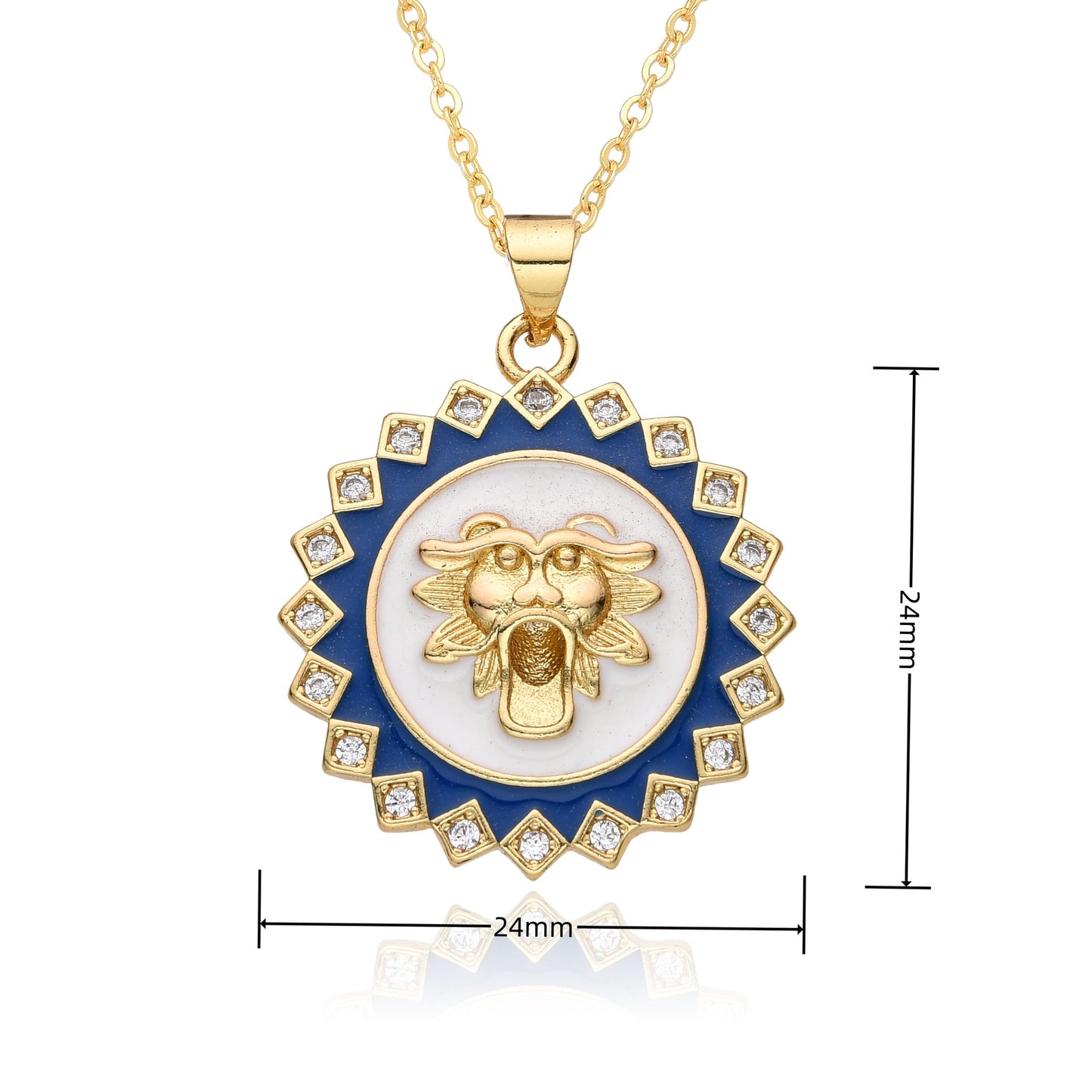 Copper Gold Plated Enamel Inlay Round Lion Bee Zircon Pendant Necklace