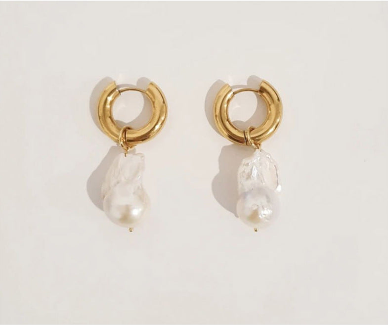 1 Pair Retro Geometric Inlay 304 Stainless Steel Baroque pearl Drop Earrings - CEJEW