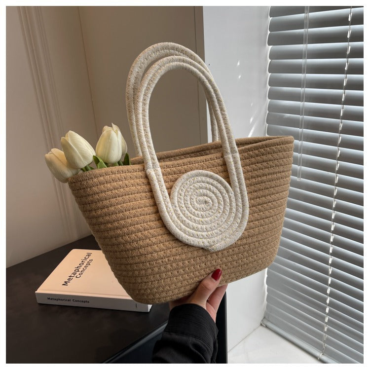 Women's cotton thread Splicing Vacation Weave Bucket Open Handbag