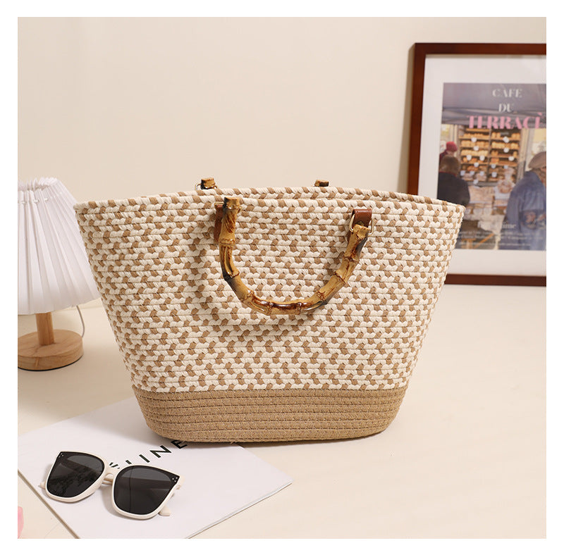 Women's Cotton Splicing Vacation Weave Shell Open Handbag