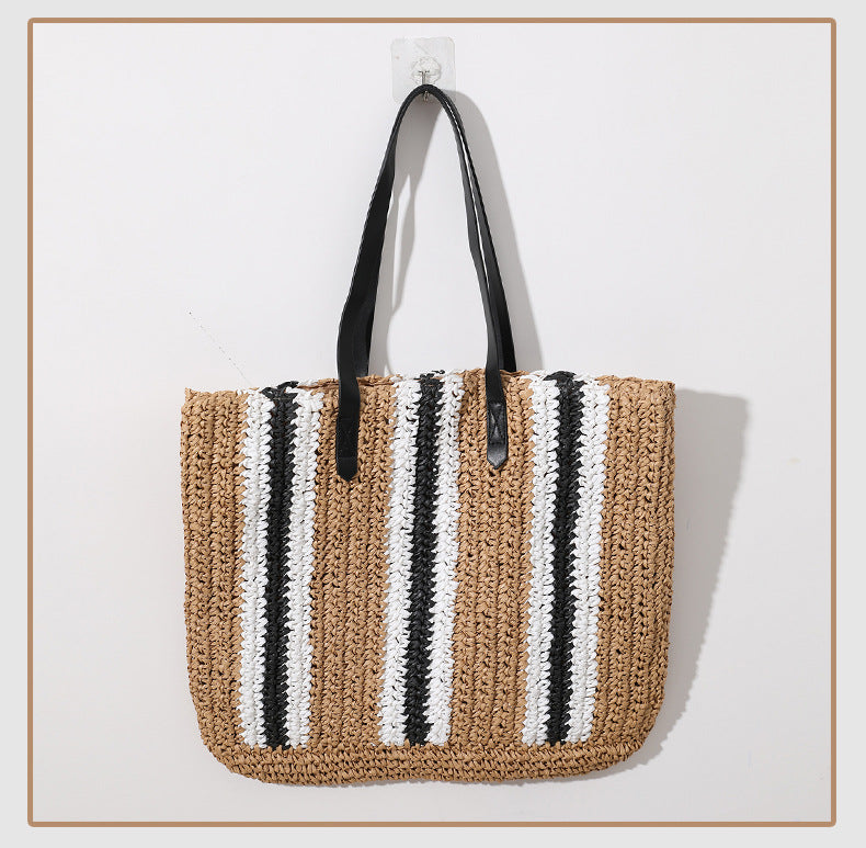 Women's Straw Stripe Vacation Weave Square Magnetic Buckle Tote Bag