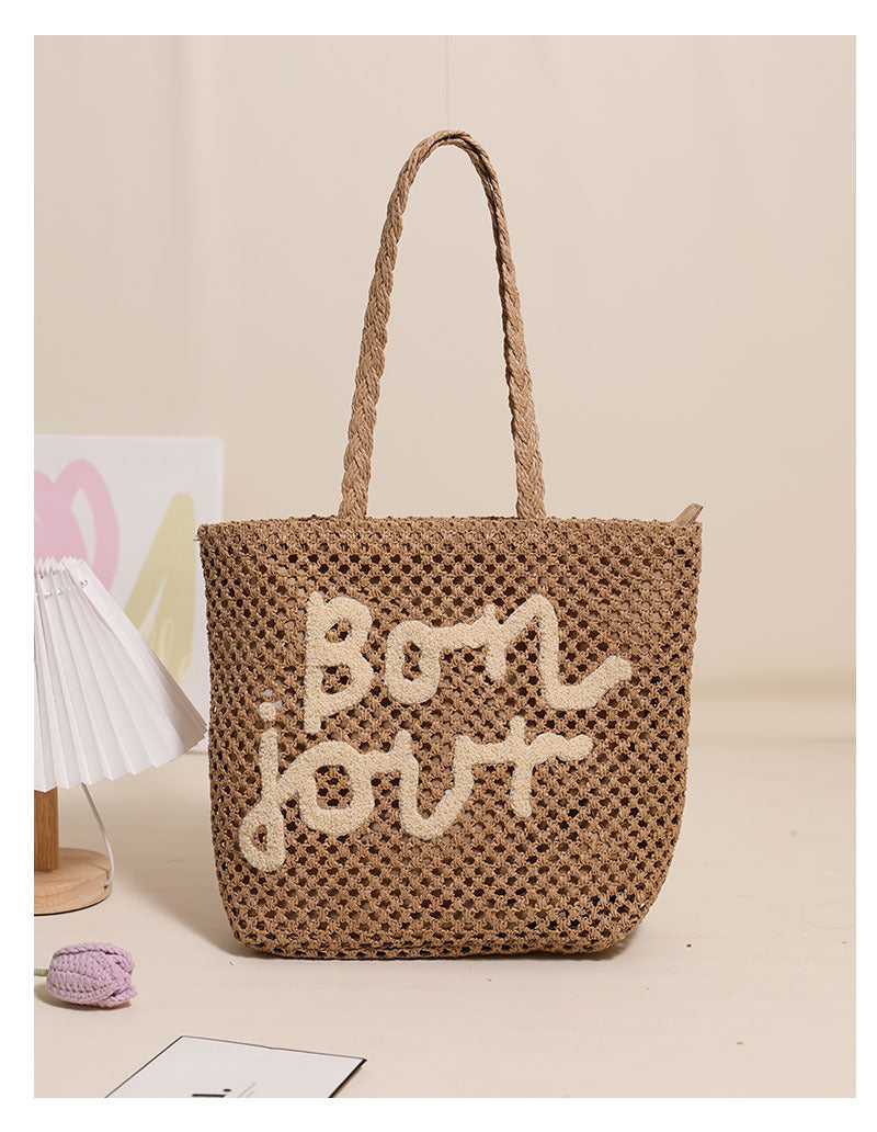 Women's Straw Letter Vacation Embroidery Weave Square Zipper Tote Bag