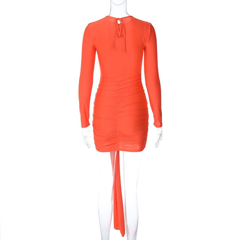 Women's Sheath Dress Elegant High Neck Pleated Long Sleeve Solid Color Above Knee Holiday