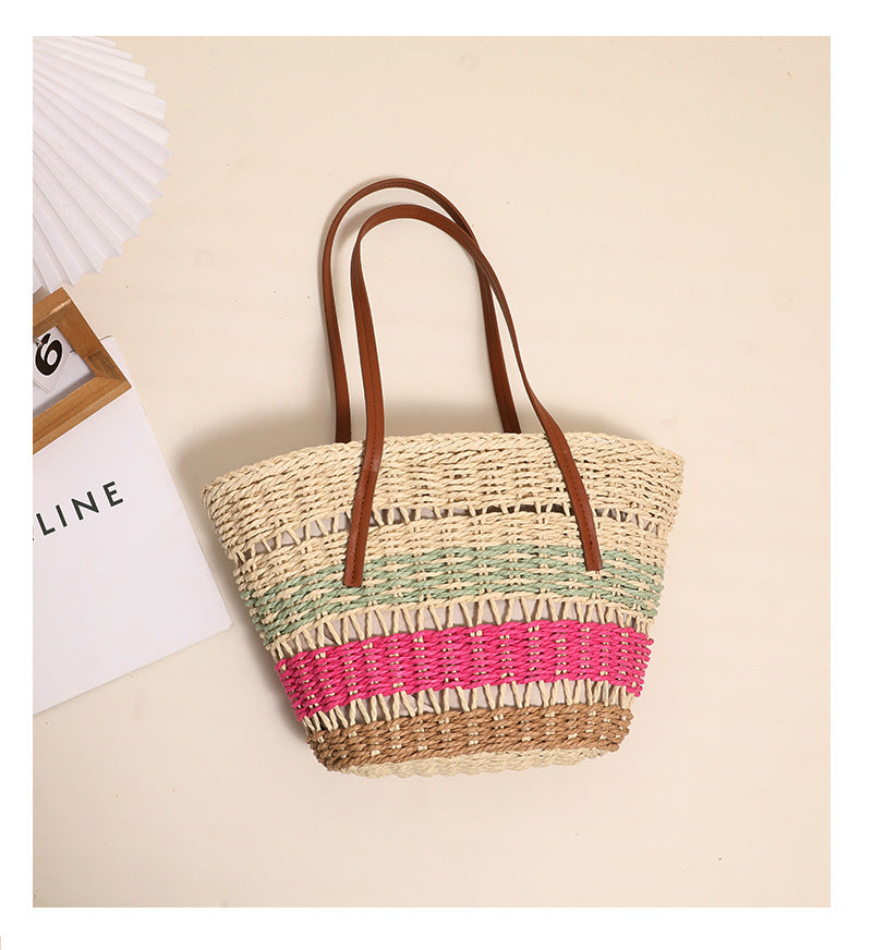 Women's Straw Stripe Vintage Style Shell Zipper Shoulder Bag