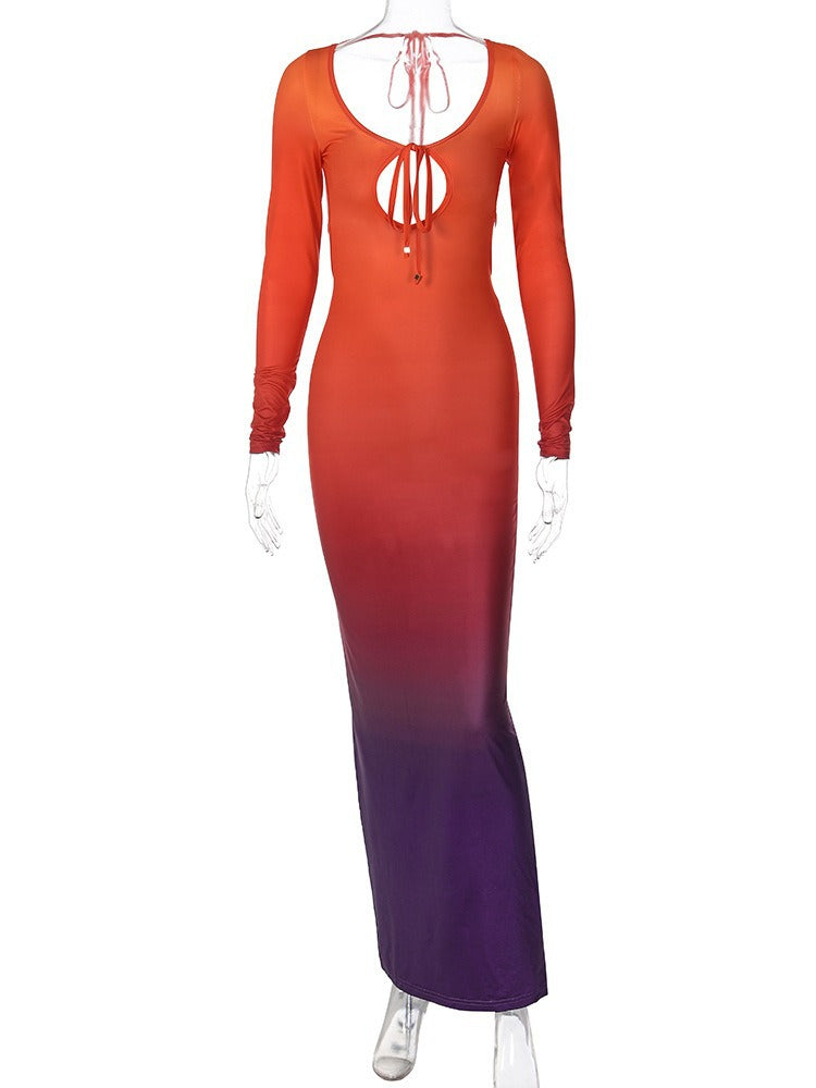 Women's Sheath Dress Elegant Sexy U Neck Hollow Out Long Sleeve Gradient Color Maxi Long Dress Holiday