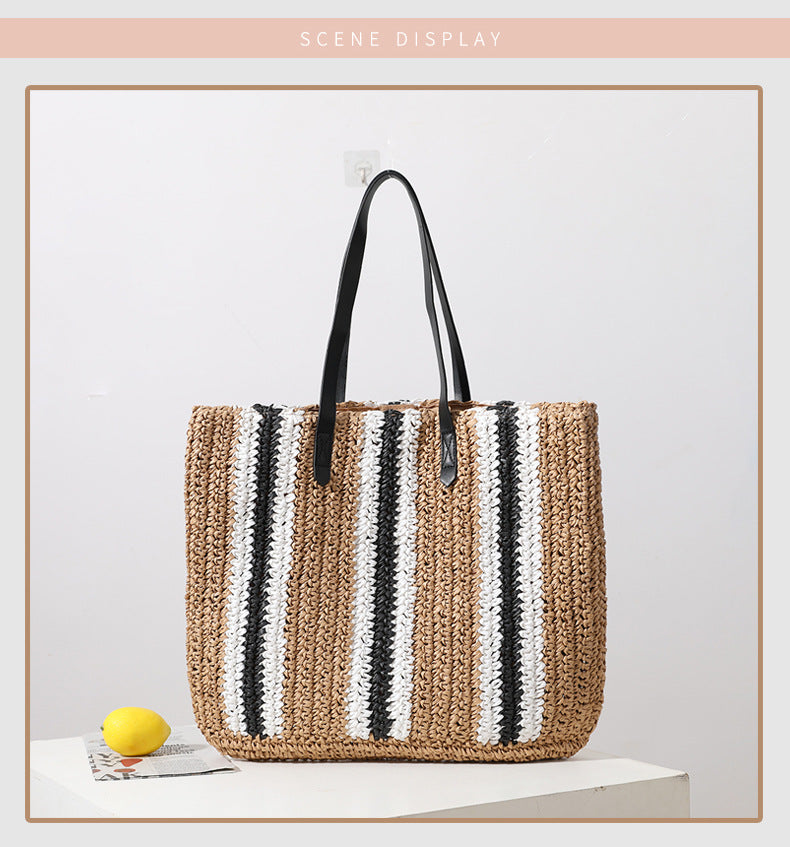 Women's Straw Stripe Vacation Weave Square Magnetic Buckle Tote Bag