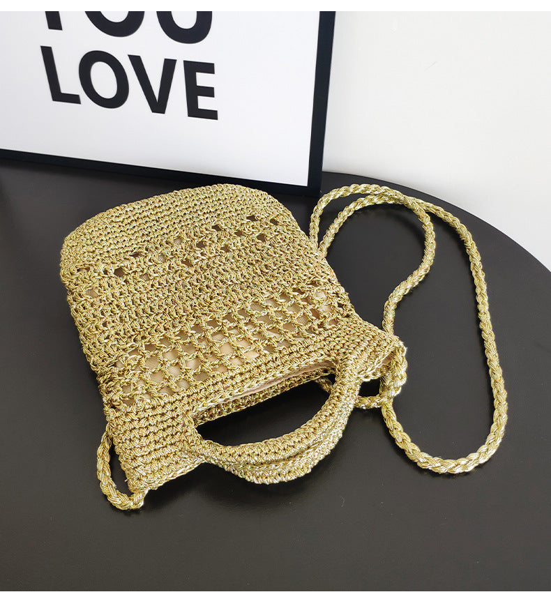 Women's Small Glitter Line Solid Color Beach Classic Style Weave Square Magnetic Buckle Crossbody Bag