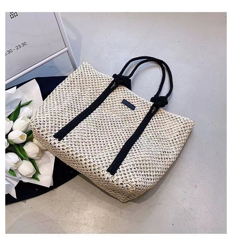 Women's Large Paper Solid Color Elegant Streetwear Weave Square Zipper Straw Bag