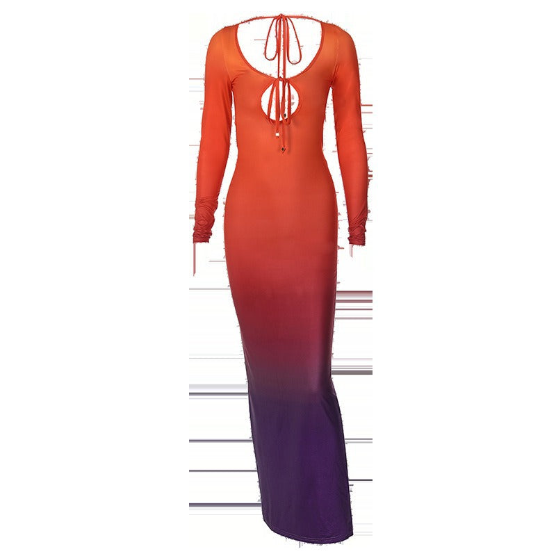 Women's Sheath Dress Elegant Sexy U Neck Hollow Out Long Sleeve Gradient Color Maxi Long Dress Holiday