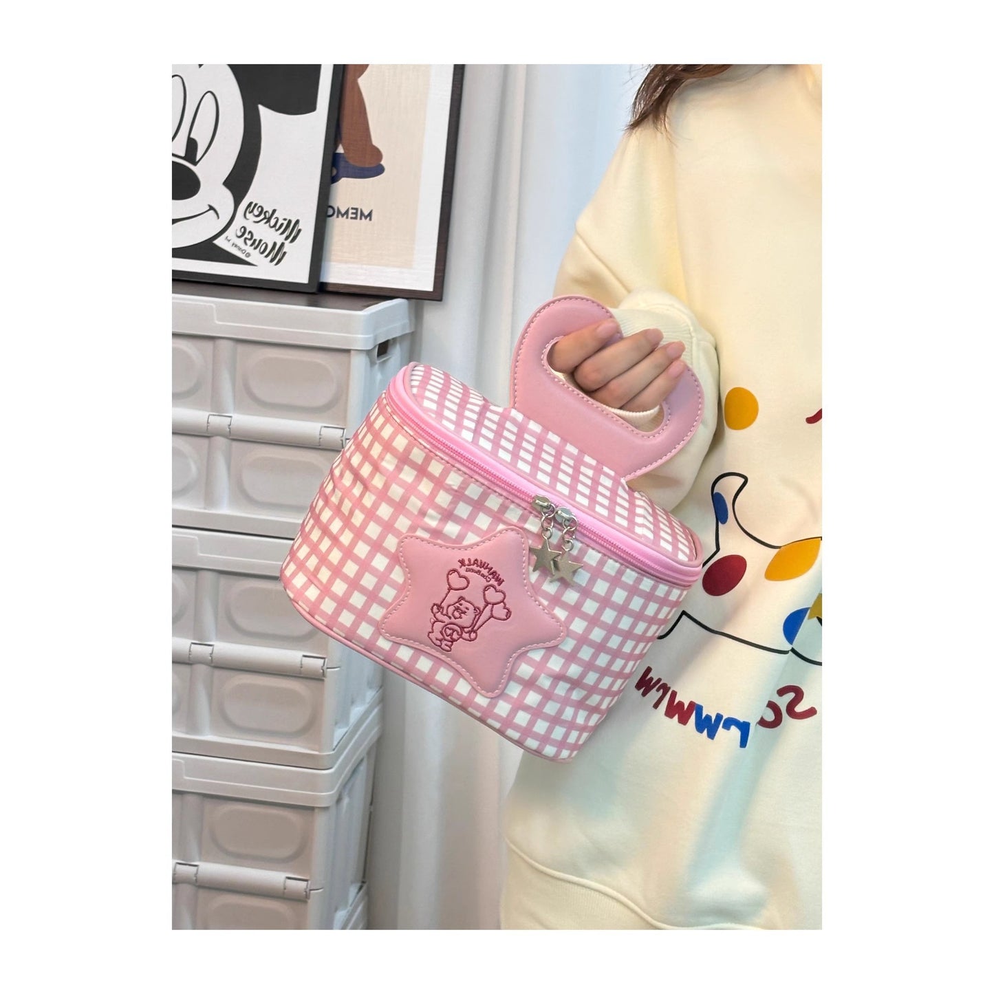 Streetwear Lattice Canvas Sewing Thread Pillow Shape Makeup Bags