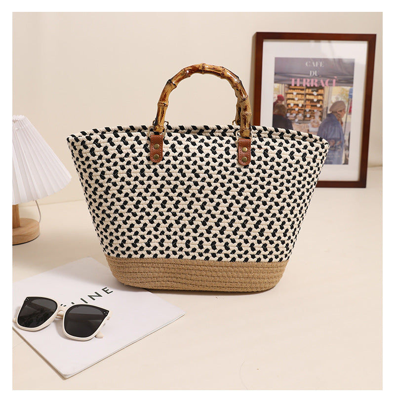 Women's Cotton Splicing Vacation Weave Shell Open Handbag