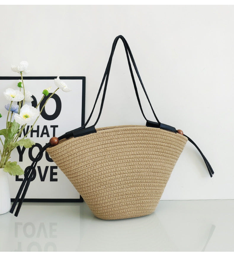 Women's Large Cotton Solid Color Classic Style Weave Bucket Open Tote Bag