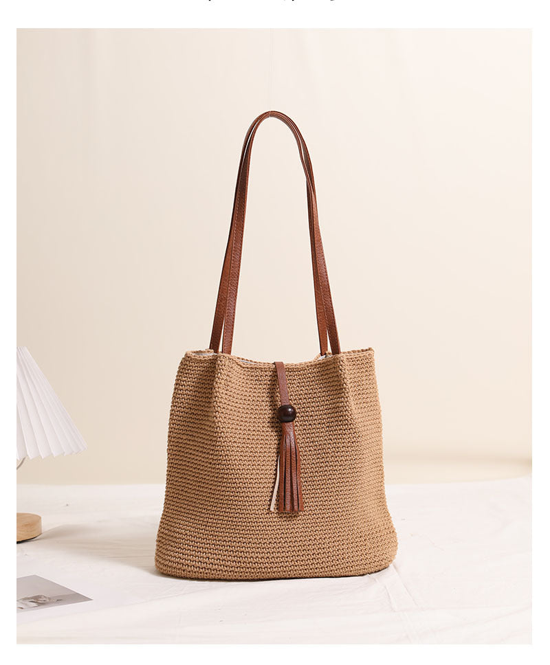 Women's Medium Cotton Solid Color Classic Style Weave Square Magnetic Buckle Straw Bag