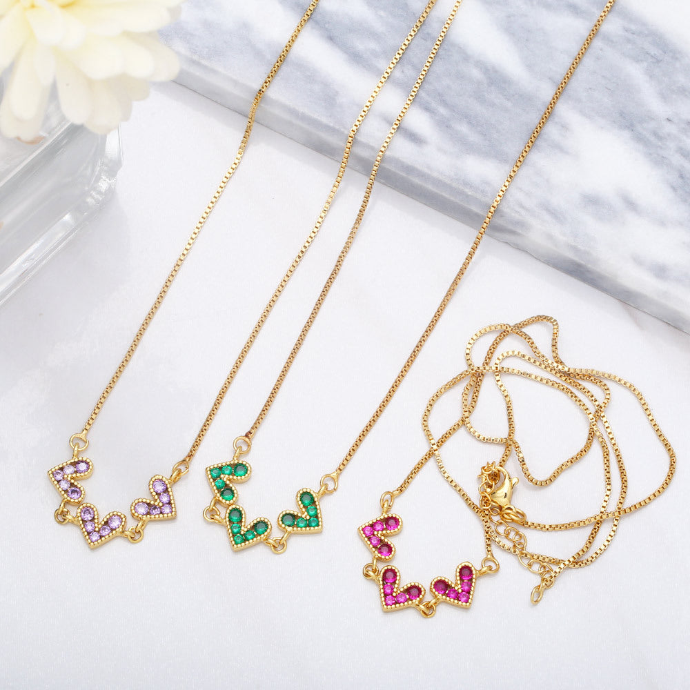 fashion color zircon heart shape stitching copper necklace