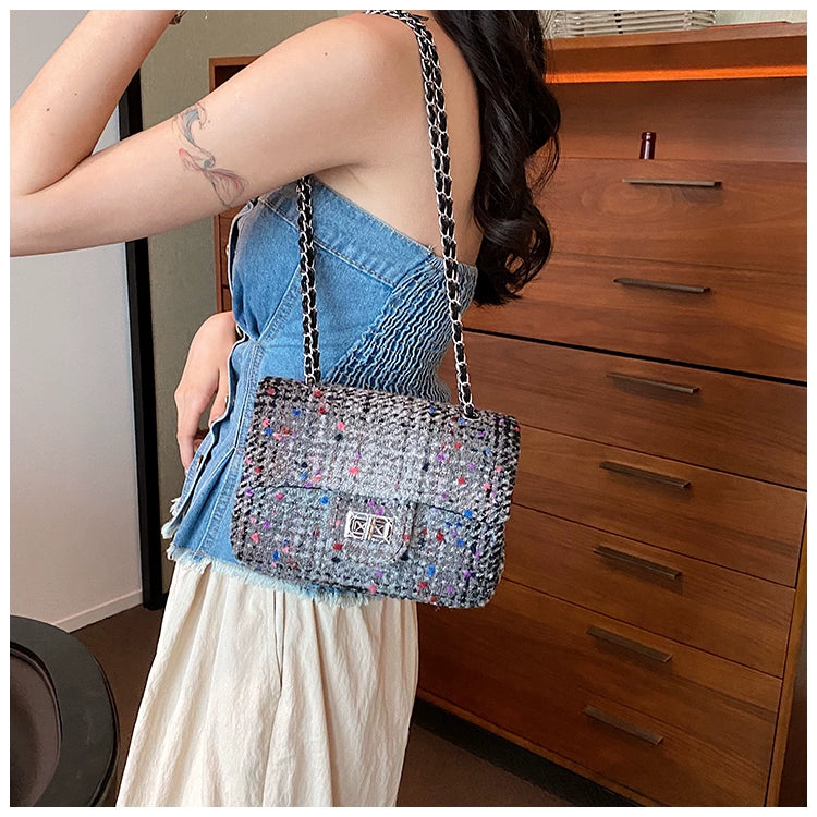 Women's Small cotton and linen Multicolor Streetwear Weave Square Lock clasp Crossbody Bag