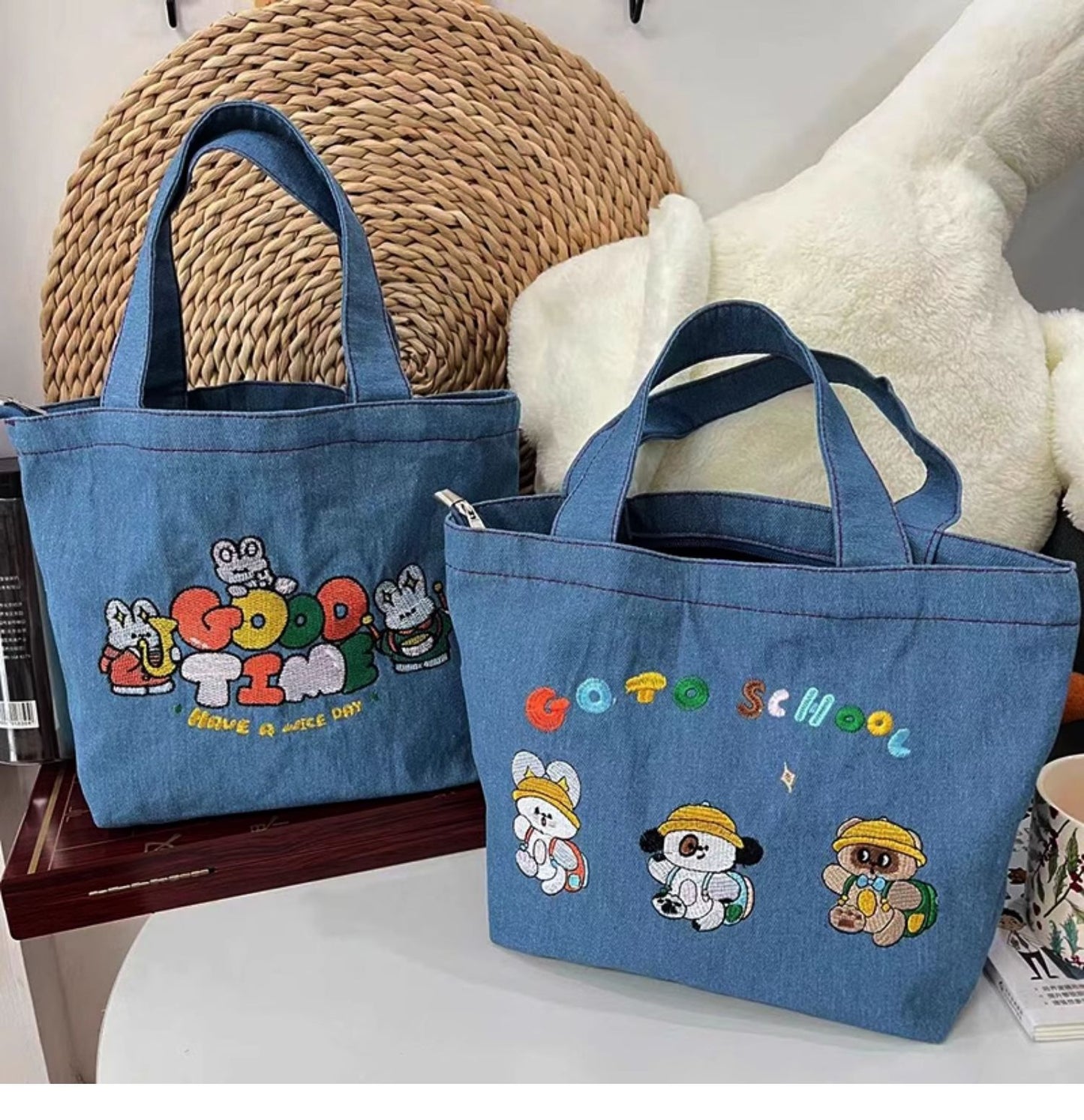 Unisex Denim Animal Letter Elegant Streetwear Square Zipper Shopping bags