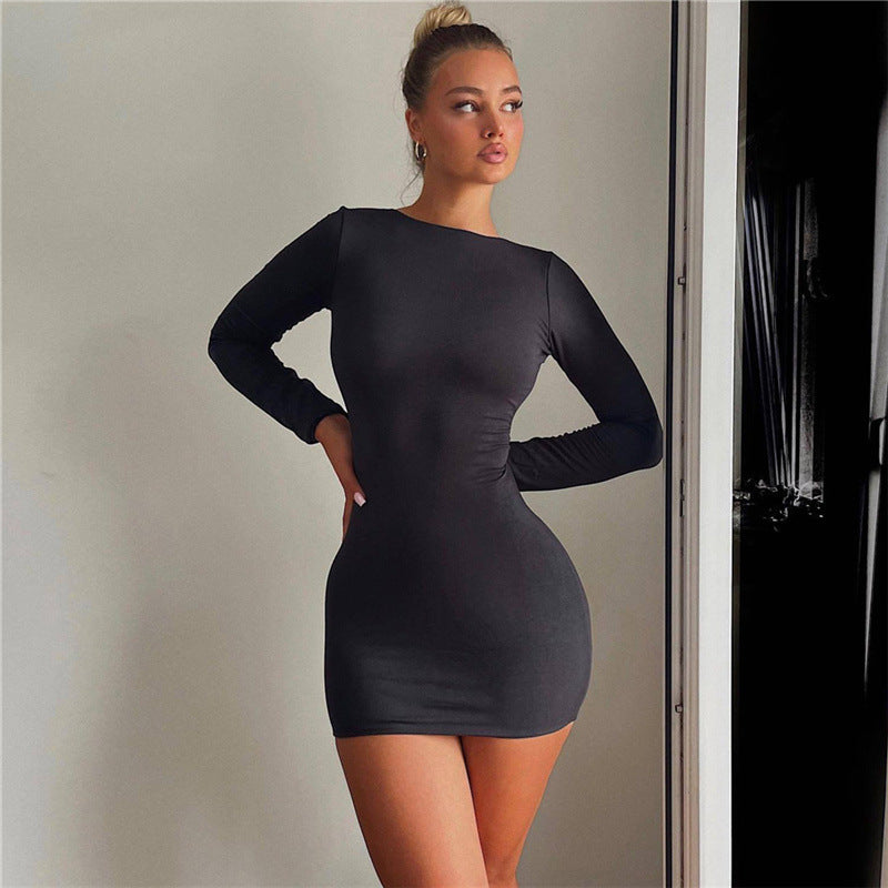 Women's Sheath Dress Streetwear Round Neck Backless Long Sleeve Solid Color Above Knee Holiday