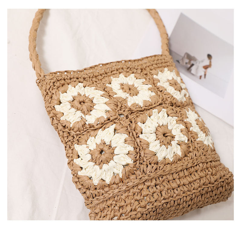 Women's Medium Paper Floral Elegant Streetwear Square String Straw Bag