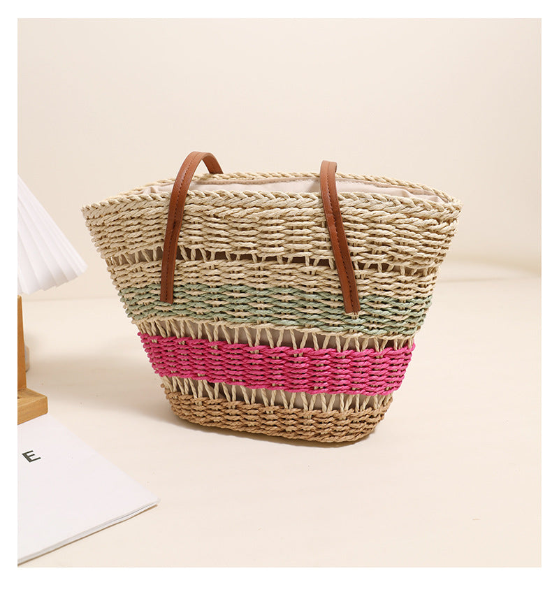 Women's Straw Stripe Vintage Style Shell Zipper Shoulder Bag