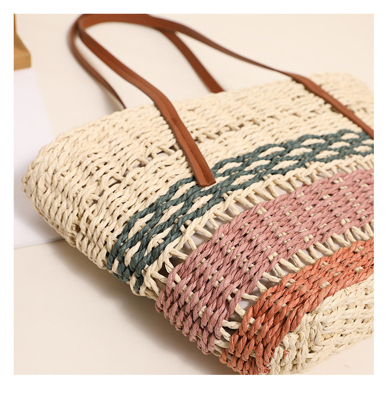 Women's Straw Stripe Vintage Style Shell Zipper Shoulder Bag