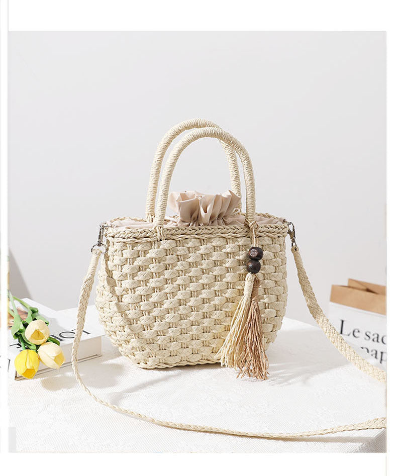 Women's Straw Solid Color Vacation Beading Tassel Weave Square String Shoulder Bag