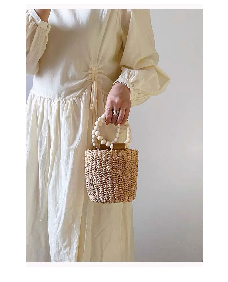 Women's Straw Solid Color Vacation Beading Weave Bucket String Handbag