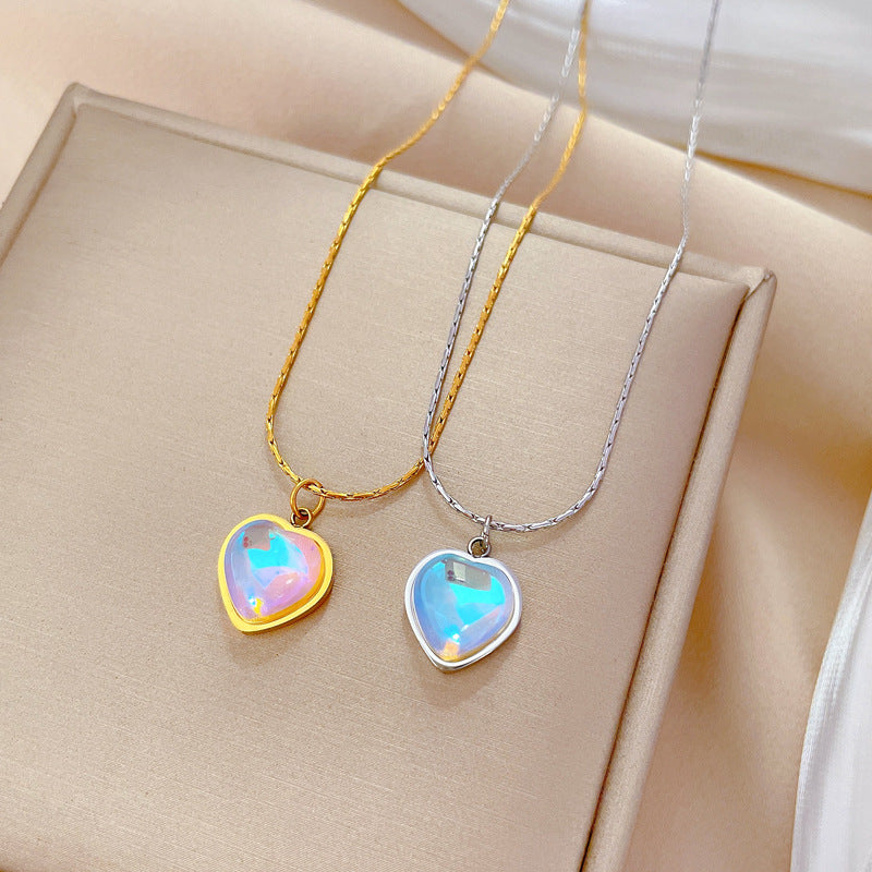 sweet heart shape titanium steel plating inlay artificial gemstones pendant necklace