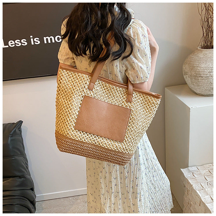 Women's Medium Straw Solid Color Basic Beach Weave Sewing Thread Square Zipper Tote Bag