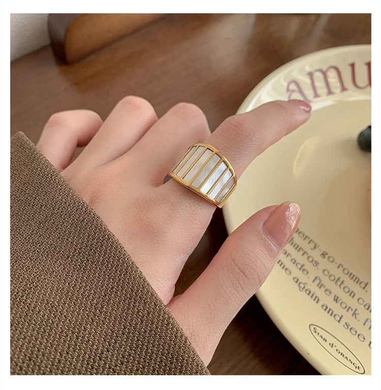 retro simple style geometric titanium steel inlay shell rings