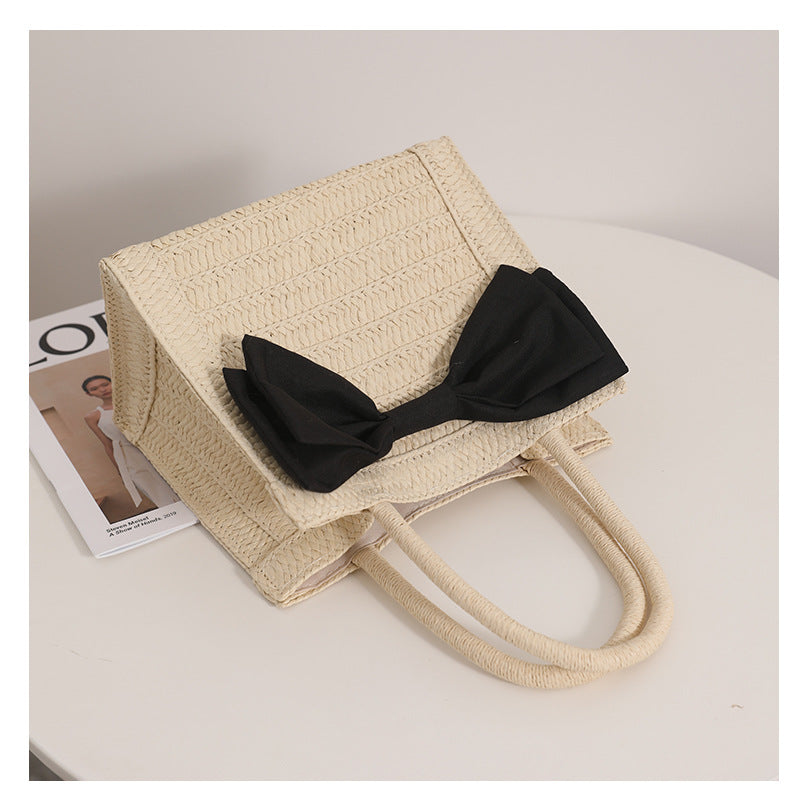 Women's Straw Bow Knot Vacation Weave Square Magnetic Buckle Handbag