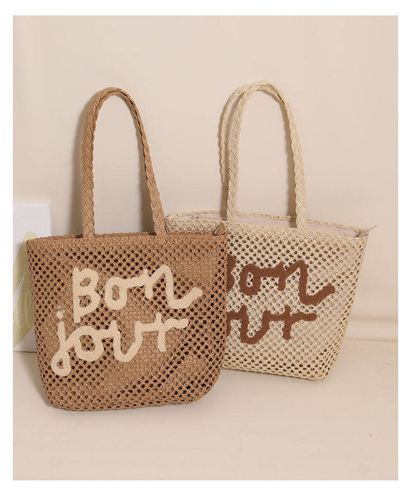 Women's Straw Letter Vacation Embroidery Weave Square Zipper Tote Bag