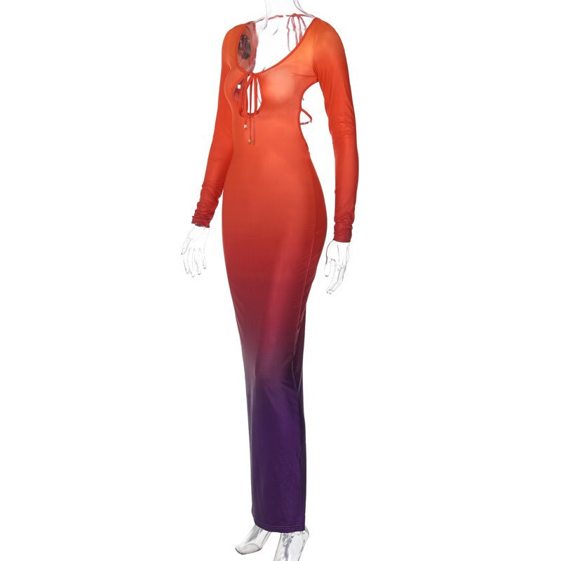 Women's Sheath Dress Elegant Sexy U Neck Hollow Out Long Sleeve Gradient Color Maxi Long Dress Holiday