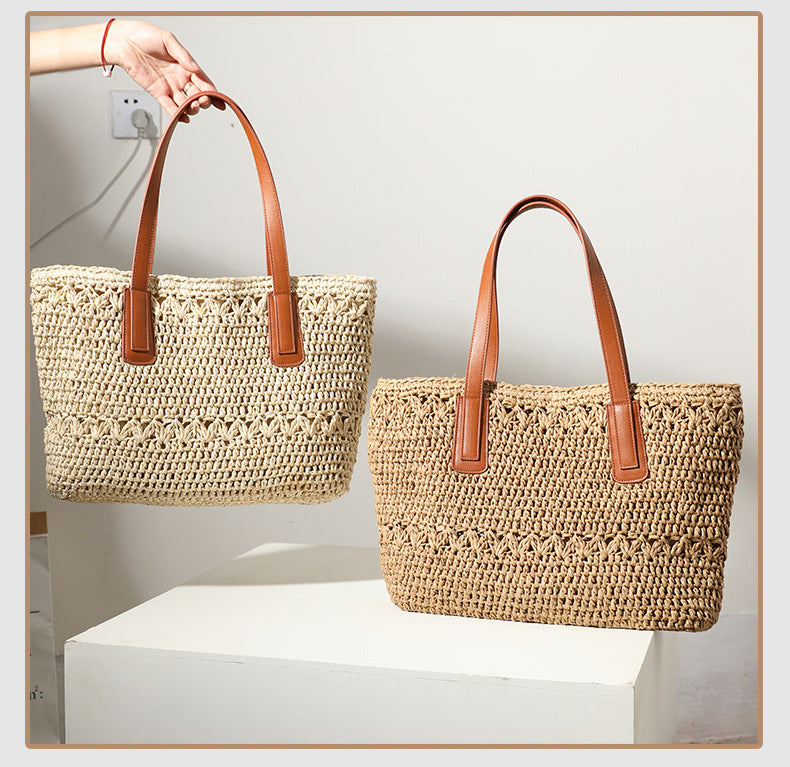 Women's Straw Solid Color Vacation Weave Square Zipper Tote Bag