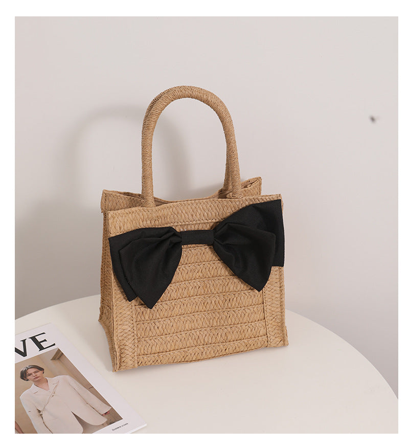 Women's Straw Bow Knot Vacation Weave Square Magnetic Buckle Handbag