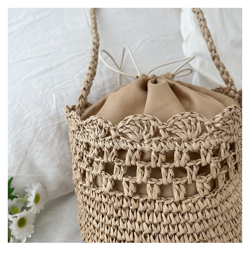 Women's Medium Paper Solid Color Vacation Weave Hollow Bucket String Bucket Bag