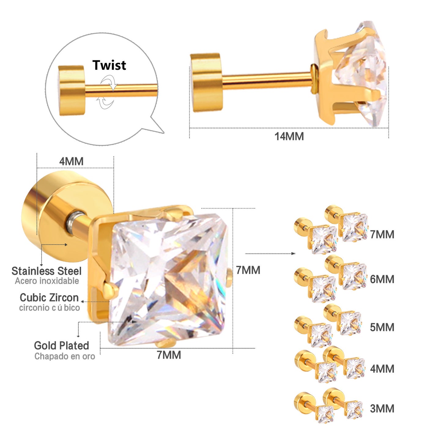 1 Set Casual Elegant Simple Style Geometric Plating 304 Stainless Steel Zircon Ear Studs