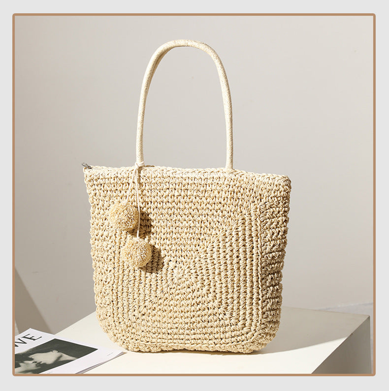 Women's Medium Straw Solid Color Classic Style Weave Square Zipper Straw Bag